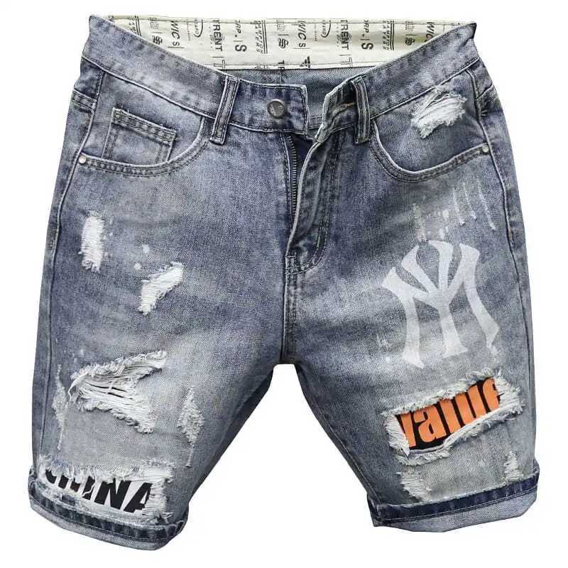 Summer Luxury Clothing Casual Knee Length Solid Jeans Men New Printed Denim Korean Fashion Ripped Patchwork Slim Shorts Male W250319