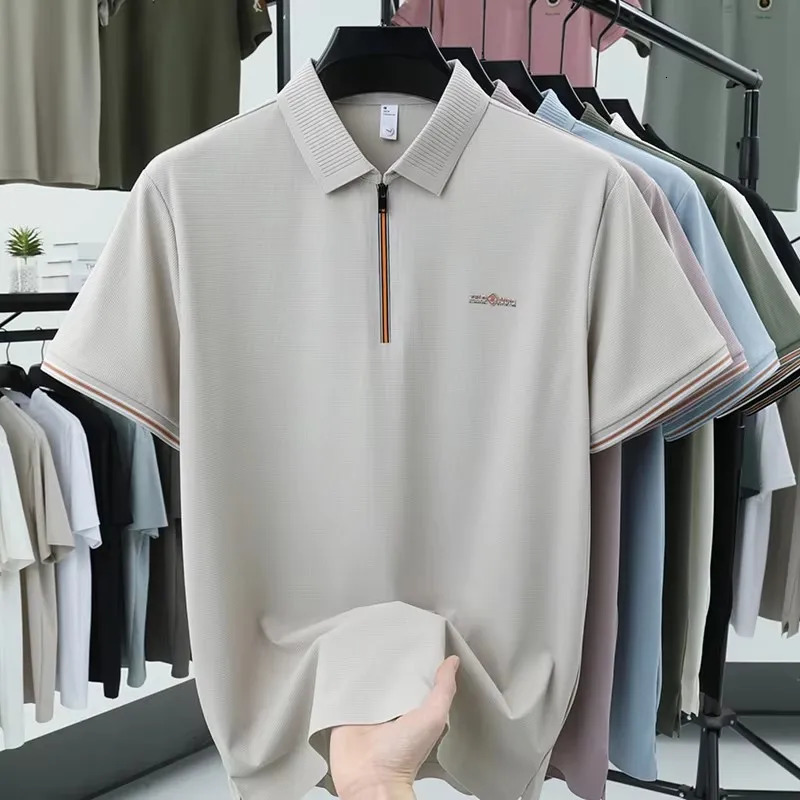 mens short sleeve summer zipper lapel polo shirt high-quality ice silk exquisite business casual T-shirt comfortable top 250320