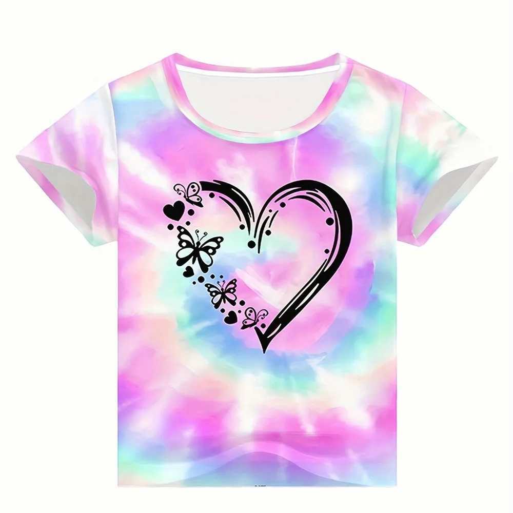 Valentines Girl Clothes Heart 3D Printed Fashionable Childrens Girl T-shirt Short sleeved Dress for Girls Aged 12 to 14T250320