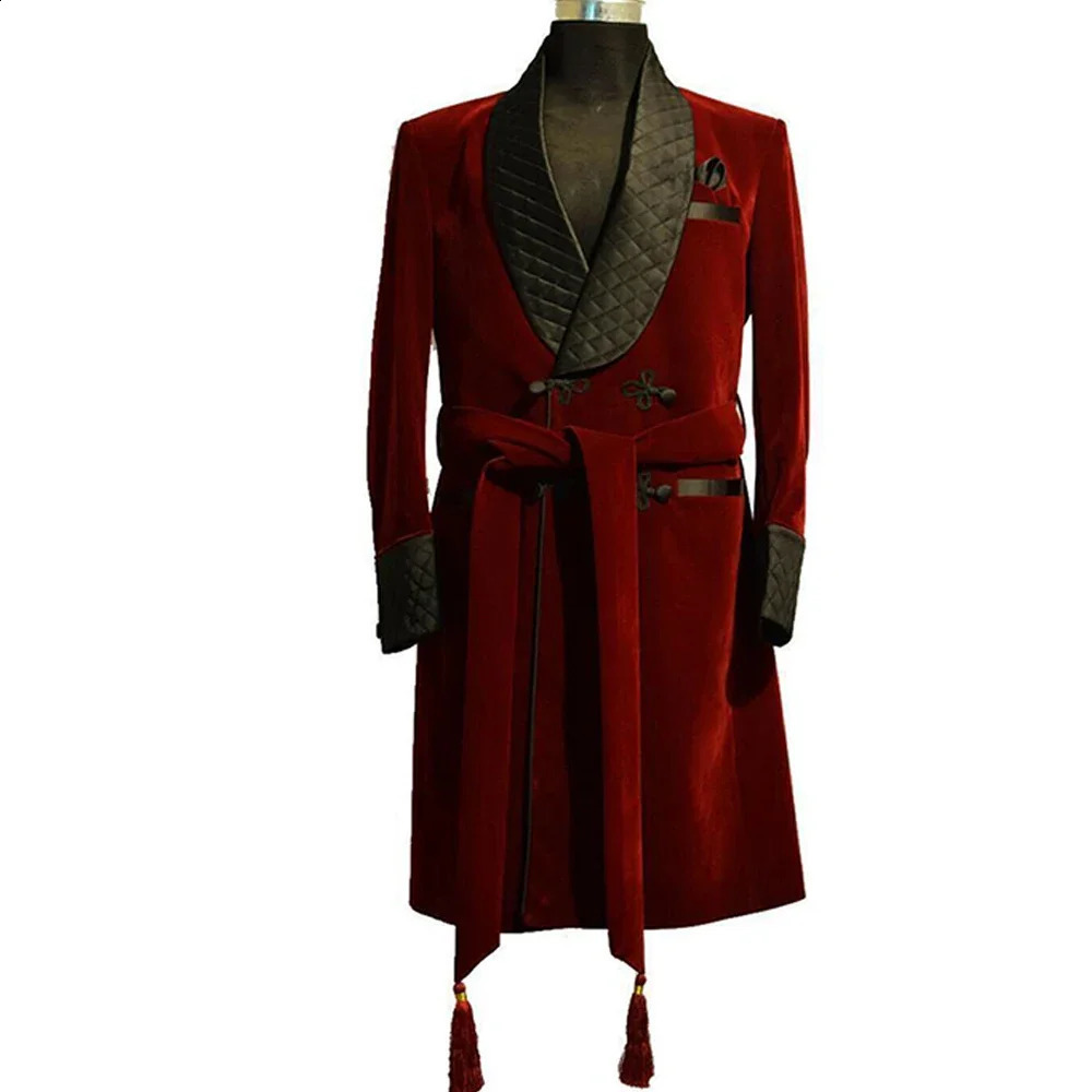 Burgundy Velvet Mens Long Jacket Black Shawl Lapel Double Breasted Smoking Coat Male Casual Clothing Blazer 250311