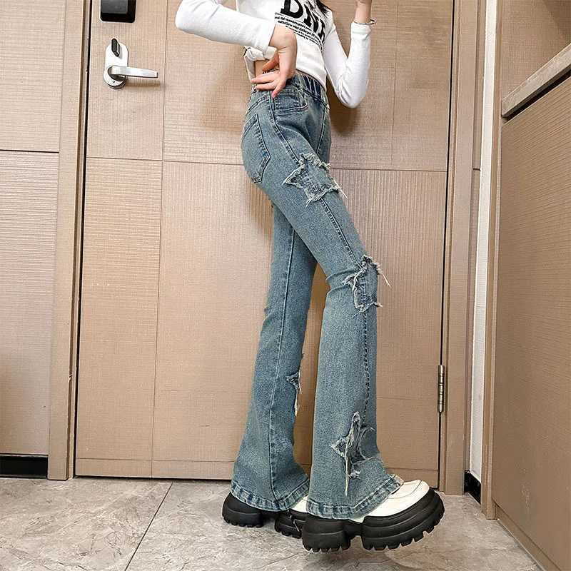 Spring and Autumn Teen Girls Jeans Children 5-14Y Star Design Flash Pants Childrens Retro High Waist Splicing Horseshoe TrouserT250326