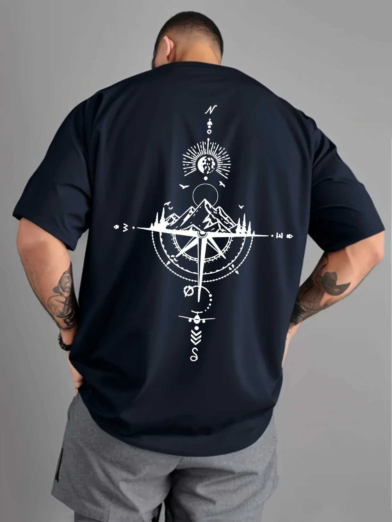Summer mens 100% pure cotton casual sports loose retro compass print comfortable round neck short sleeved T-shirtT250319