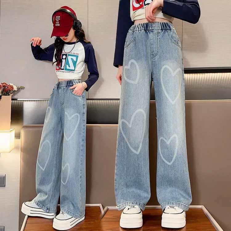 Childrens school loose Trouser big girl new arrival jeans with rope heart-shaped pattern spring and autumn fashion wide leg pants high qualityT250326