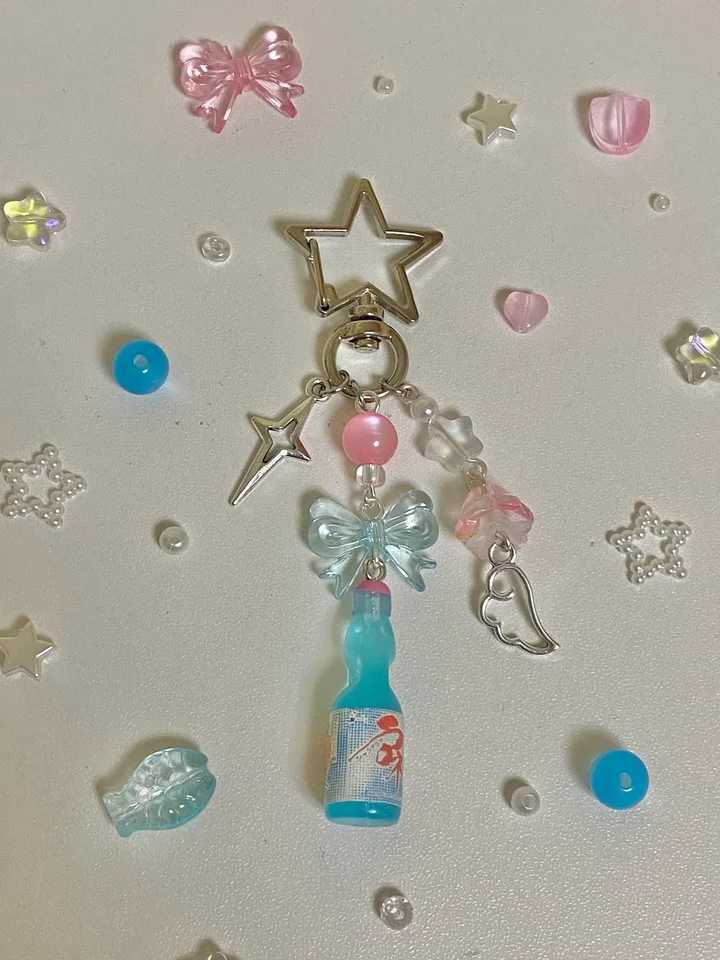 aesthetic y2k beaded pink teal japanese ramune soda star keychainXJ250319