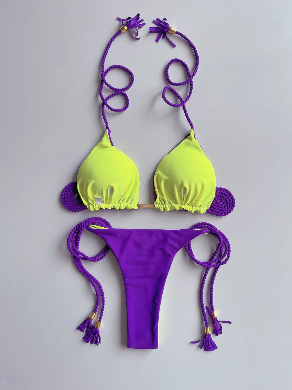 Sexy Solid color Two-piece Triangle Swimwear Womens Swimsuit Braiding rope Bikinis Set Beach Bathing Suit Brazilian Biquinis 250320
