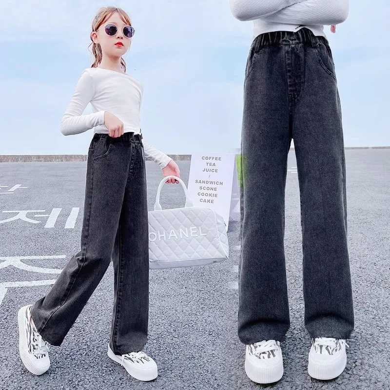 Girls jeans spring automatic casual loose side gradient color childrens hole wide leg underwear 3-12 years old teenagers school children TrouserT25023