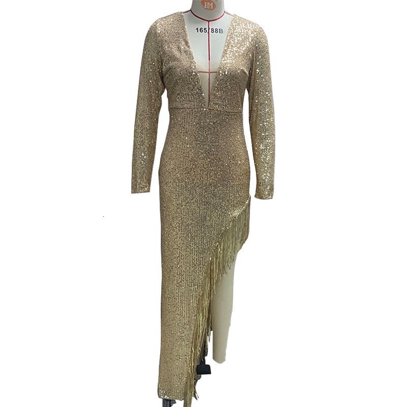 Women's Clothing Tassels Sequins Waist Hing Deep V Long Sleeves And Side Slits Sexy Asymmetrical Dress