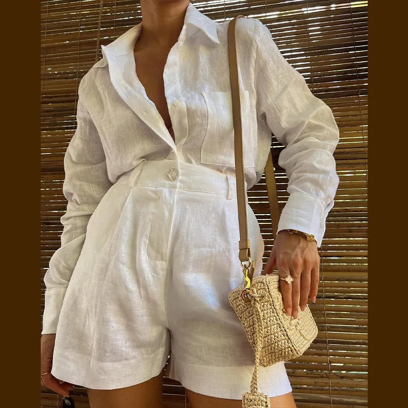 Casual Single Breasted Shirt Pockets Short Pant Suit For Women Elegant Lapel Long Sleeve 2 Piece Set Lady Simple Vacation Outfit 250319