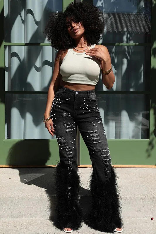Hollow jeans pearl pants sexy womens high waisted elegant streetwear torn denim feather cargo transport vehicle 250314