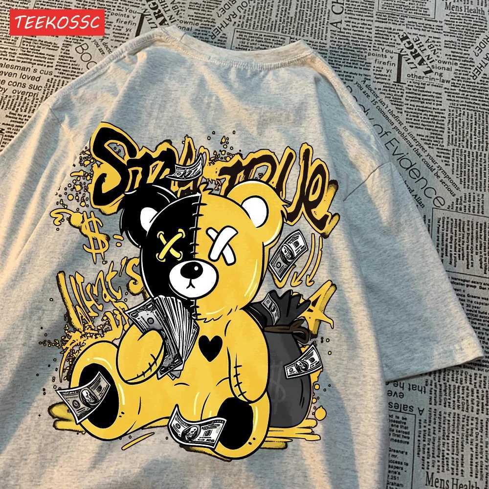 Womens T-shirt bear cartoon pattern printed top O-neck soft short sleeved summer casual womens clothing trend womens clothingT250320
