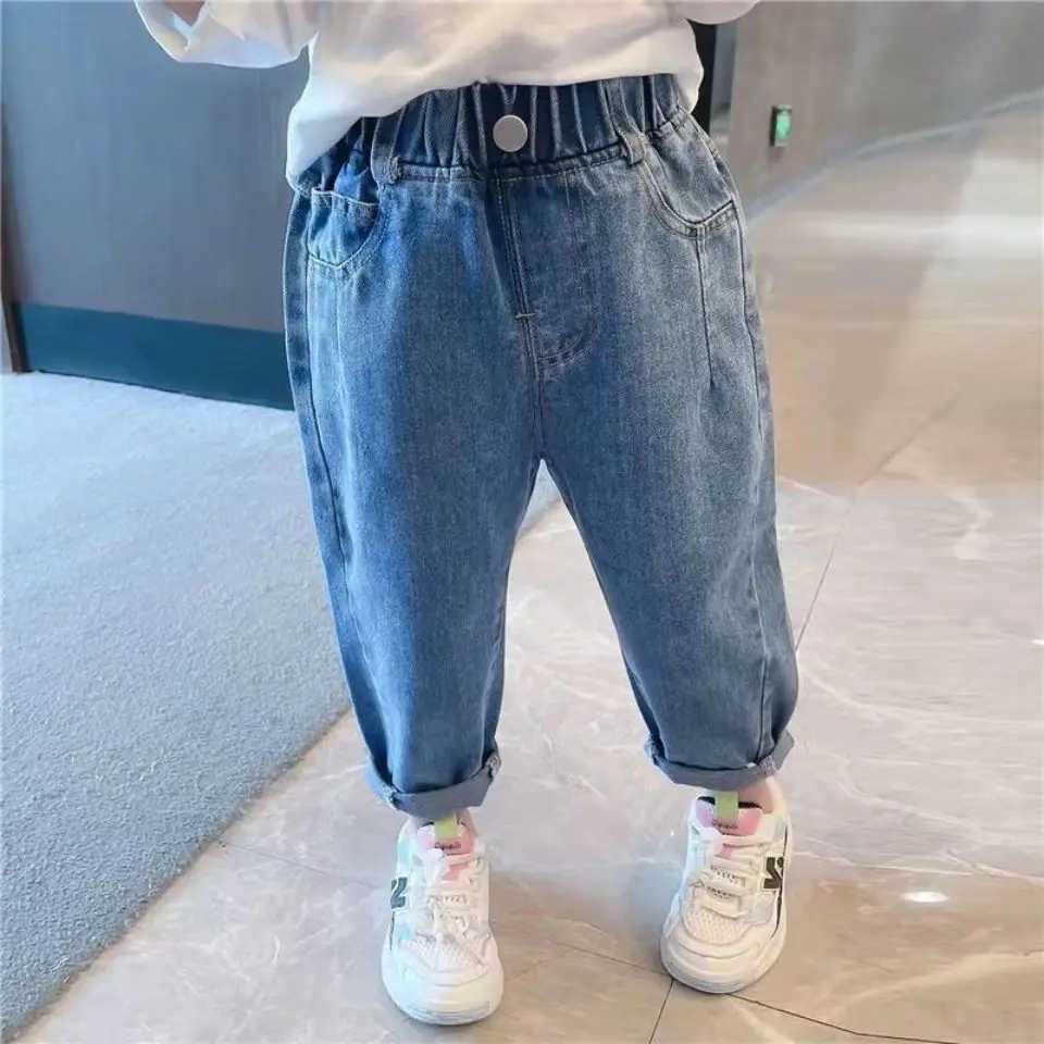 Spring 2025 Childrens Jeans Pure Cotton Elastic Waist Preschool Girls Jeans Loose Simple Baby Carrot PantsT250326