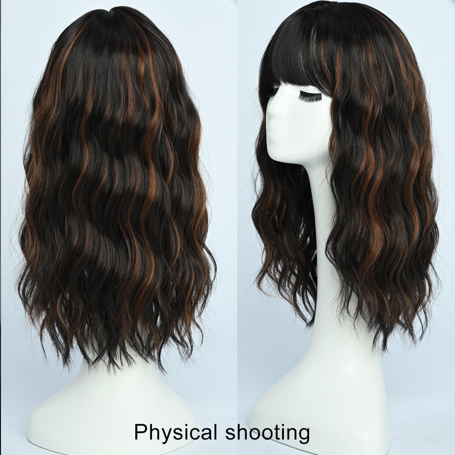 Brown Highlight Wigs with Bangs for Women Synthetic 16inch Medium Length Wigs with Natural Long Wavy Fringe Bang wig Heat Resistant Hair for Daily Par