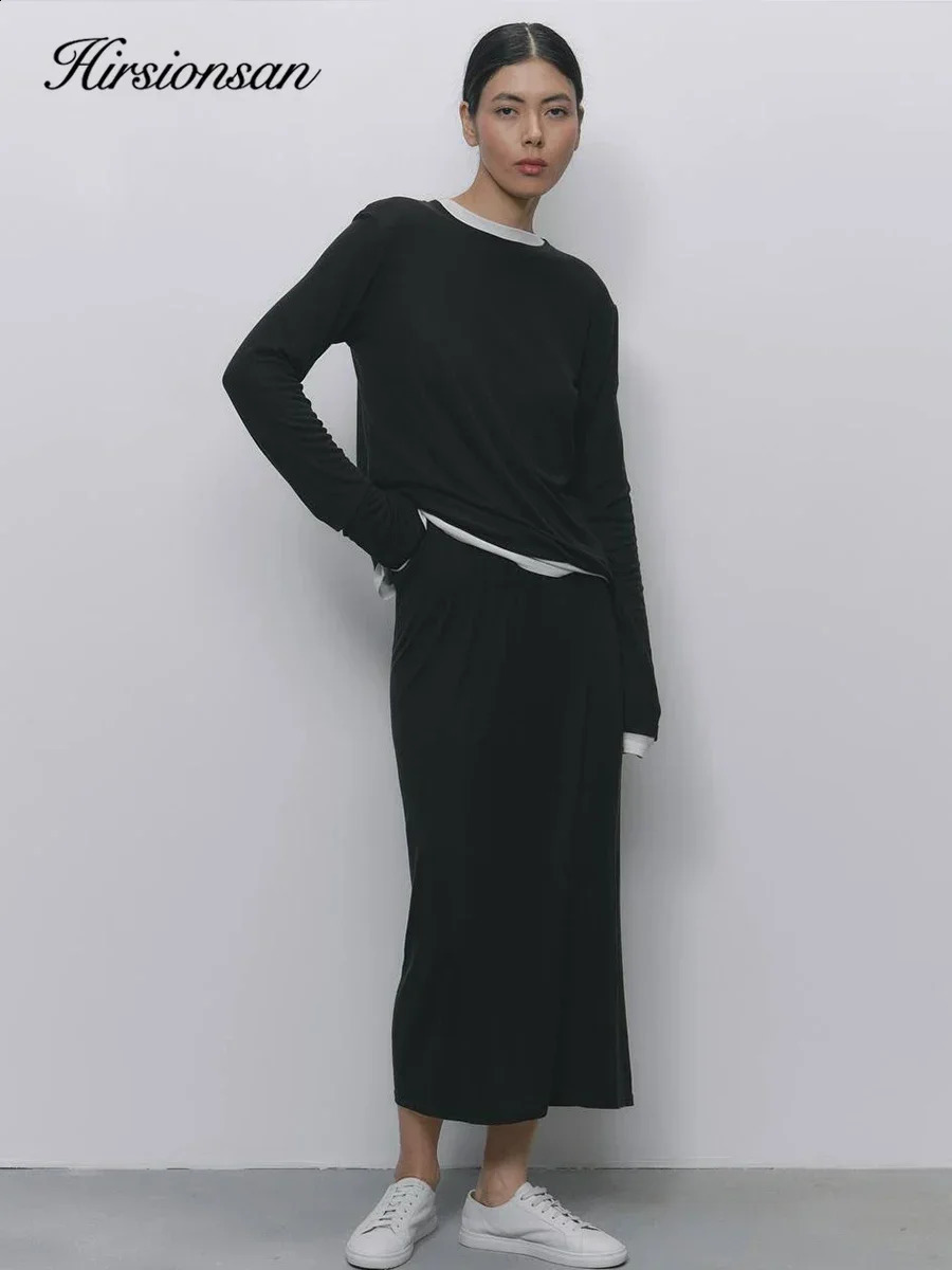 Hirssionsan Modal Soft Loose Set Womens Casual Two piece Long Sleeve T-shirt and High Waist Dress Set 250318