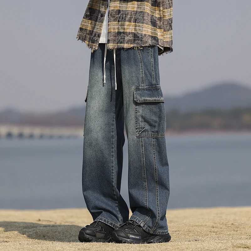 American retro cargo pants mens wide leg large pocket casual loose patchwork work pants fashionable Korean streetwearT250319