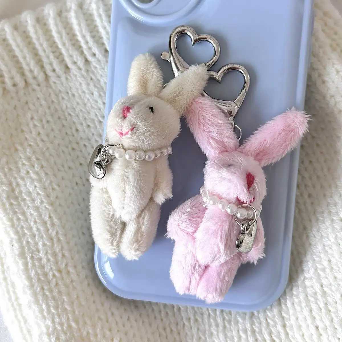 Y2K Handmade Pink Rabbit Keychain Love Heart Beaded Key Ring Plush Doll Backpack Pendant Lobster Clasp Buckle Key Chains GiftsXJ250319