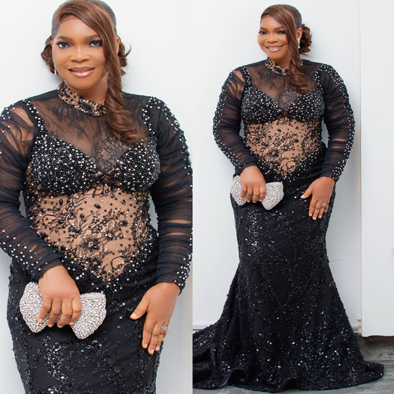 Plus Size Aso Ebi Black Prom Dresses 2025 Mermaid Prom Dress For Special Occasions High Neck Flora Illusion Beaded Lace Birthday Dress Second Receptio