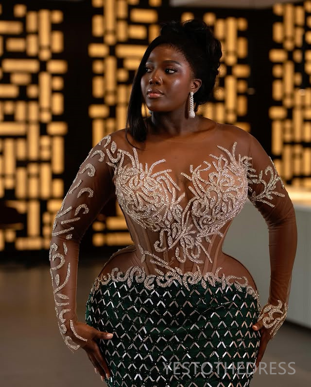 Plus Size Aso Ebi Prom Dresses 2025 Mermaid Prom Dress For Special Occasions Sheer Neck Long Sleeves Illusion Beaded Lace Birthday Second Reception Go
