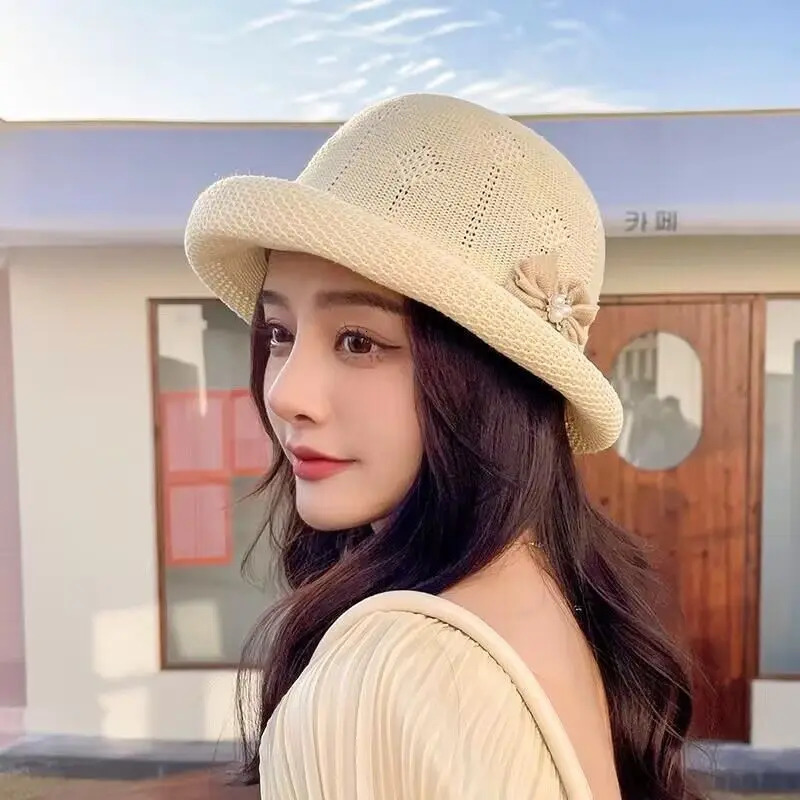 Arrival Sun Hat Female Beach Sunscreen Cap For Women Summer Curled Pearls Straw Cap Breathable Knitted Bucket Cap 250320