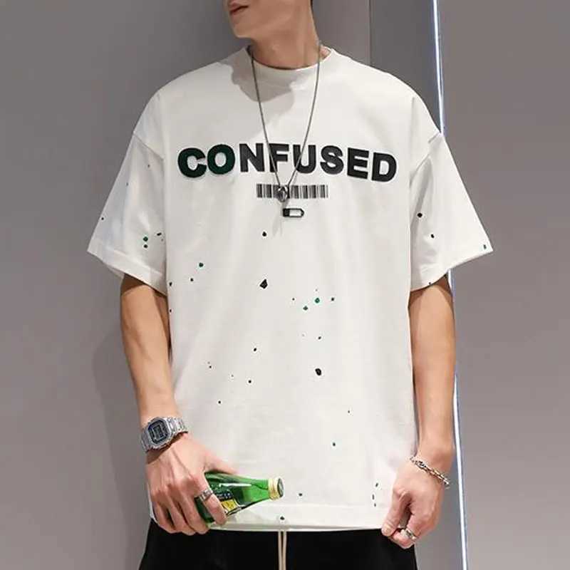 Summer letter printed loose T-shirt basic mens O-neck casual short sleeved fashion hand-painted latte artT250319