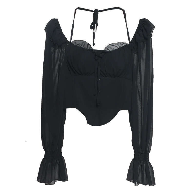 T Shirt Designer Men Blue Spicy Girl One Shoulder Neck Lacing Long Sleeve Hanging Chiffon Wooden Ear Edge Open Back Shirt Short Top with Chest Cushion