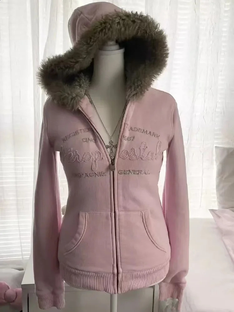 Street fashion winter hoodie womens Korean street solid color zipper sweater loose casual fur collar warm 250317