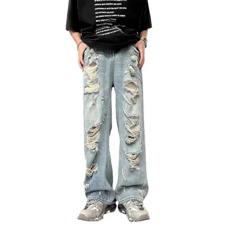 Vintage Distressed Straight-leg Jeans American Style Slimming Bell Bottoms Loose Fit High-waisted Summer Thin Version For MenT250319