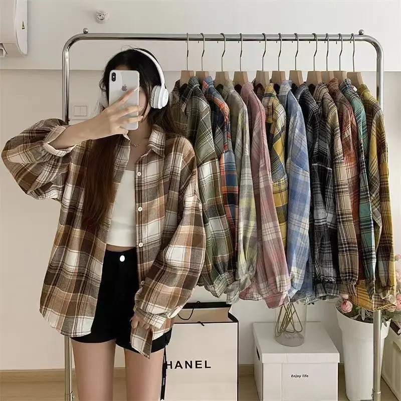 Spring Casual Plaid Shirt Women Long Sleeve Top Female Vintage Single Breasted Blouse Ladyies Preppy Style Loose Check Shirts 250320