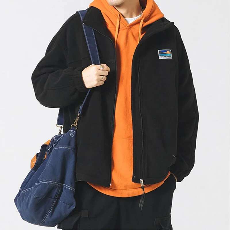 Autumn Vintage Polar Fleece Jackets Man Appliques Zipper Loose Fit Outwear Lambswool Coat Winter Stand Collar Bomber Jacket