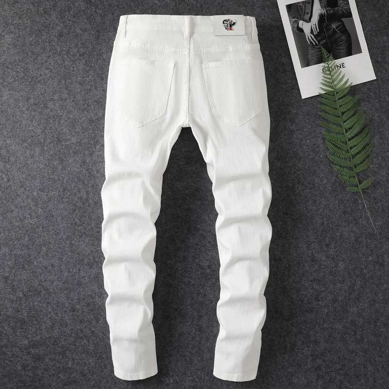New mens casual torn denim jeans adhesive fabric hot stamping elastic small straight leg pants holes destroy AmericaT250319
