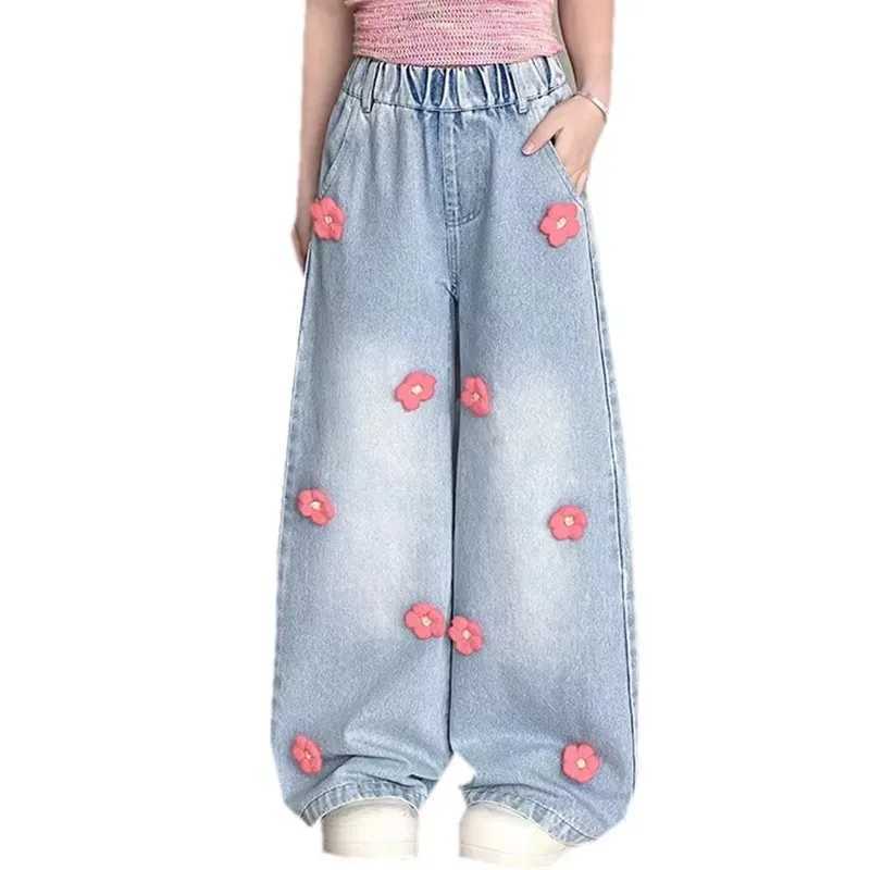 Teenage girls floral jeans suitable for children teenage fashion wide leg denim pants childrens loose jeans Trouser with flowersT250326