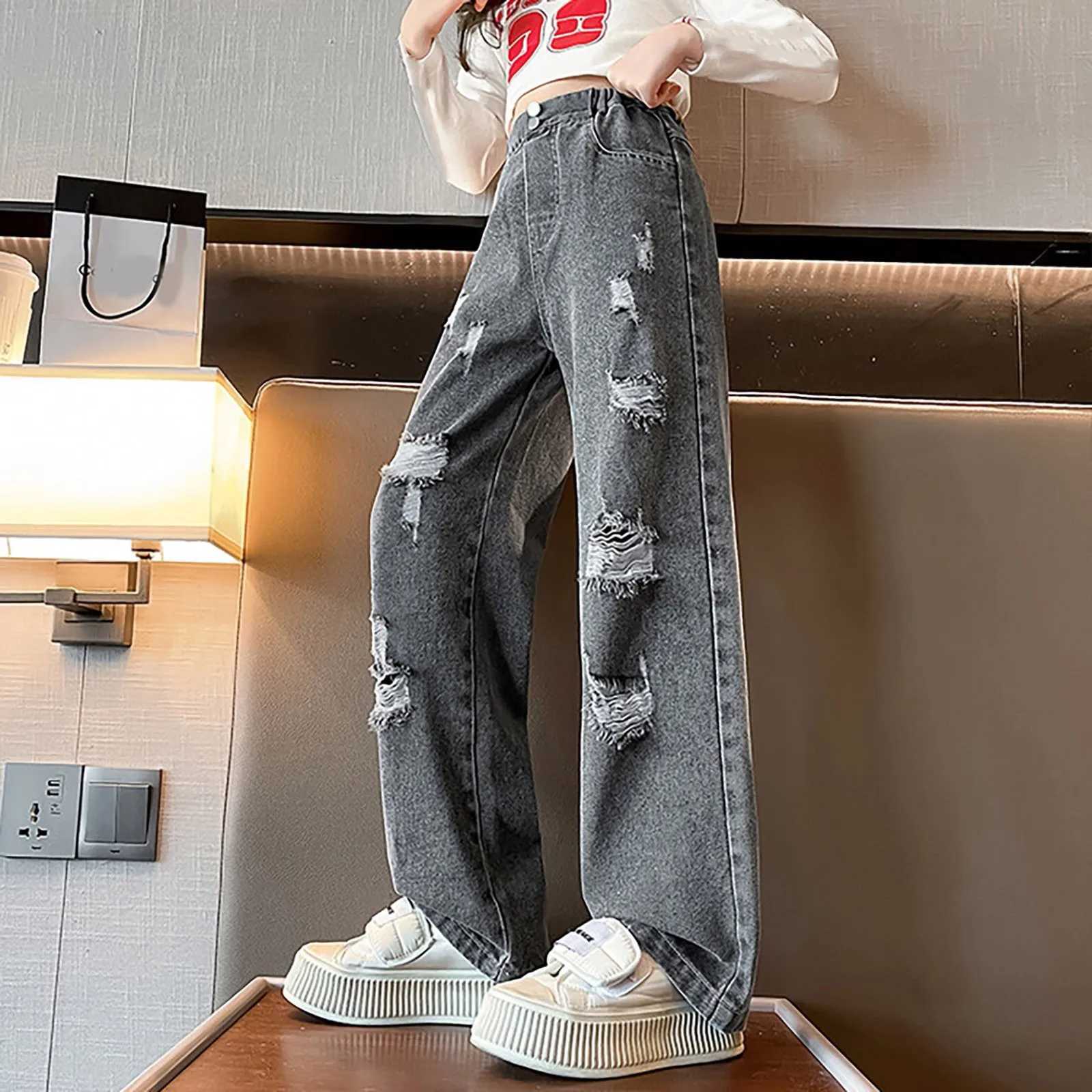 2024 Spring Autumn Girls Love Rough Edges Jean Korean Wide Leg Pants Teenagers Loose Elastic Waist Cowboy Pants For KidsT250326