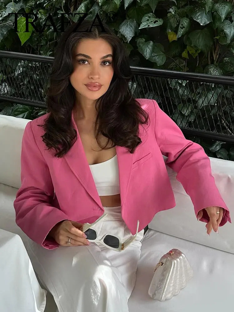 TRAFZA Women Cropped Blazer Coat Sweet Pink Single Button Long Sleeve Slim Jacket Spring Autumn Female Commuting Suits Outwear 250314