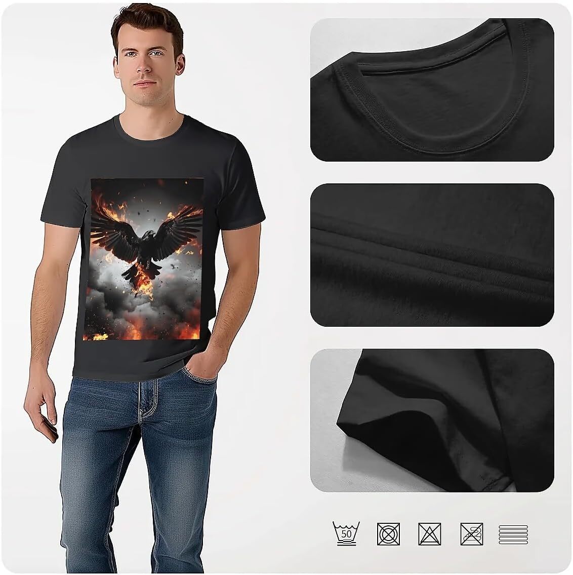 T shirt for Mens Mens Novelty T-Shirts Graphic 2D Print Summer Short Sleeve Black Raven Flames Shirts Tshirt Graphic Tee Casual Tops Clothes Short sle