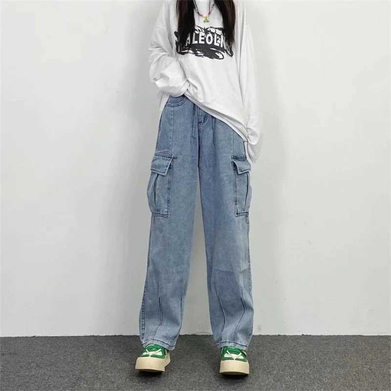 Baggy Wide Leg Jeans Mens Retro Big Pocket Loose Straight Cargo Pants Y2K Streetwear Fashion Korean Denim TrousersT250319