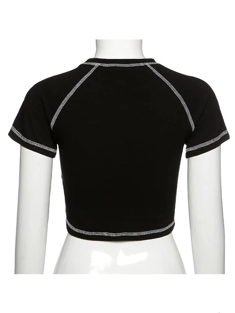 Y2K black sweet slim skull print fun vintage graphic clothes crop top E- 250320