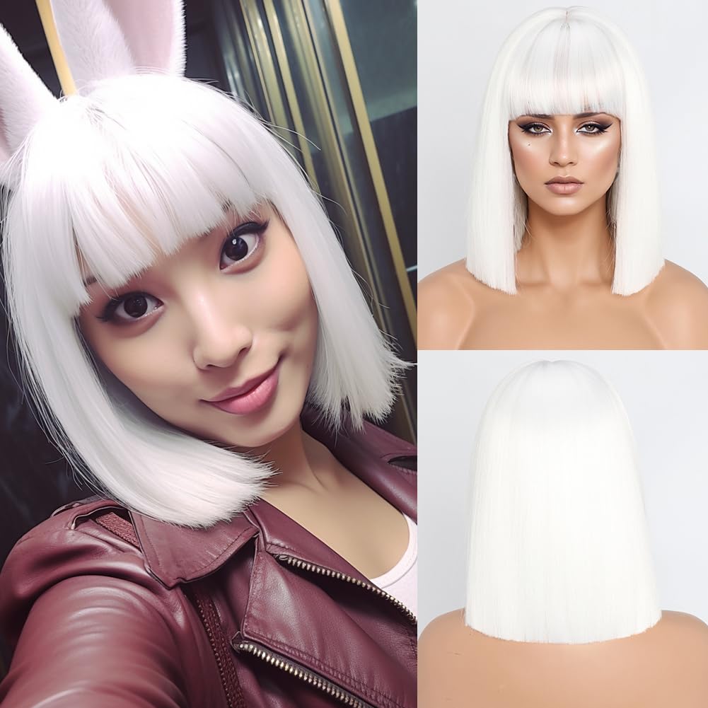 Short White Bob Wigs with Bangs,Short Straight Bob White Wigs for Women Hair Bob Cut Wig Shoulder Length Wig,Natural Looking Cosplay Daily Party Wig H