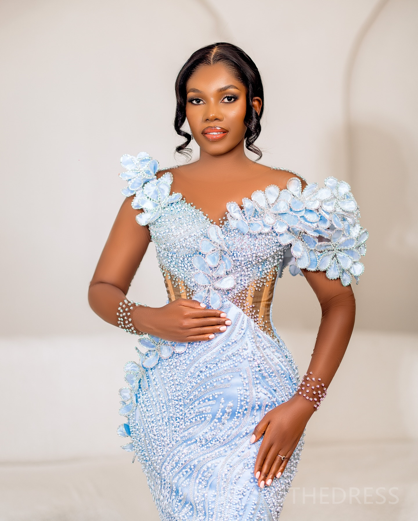 Aso Ebi Light Blue Prom Dresses 2025 Mermaid Prom Dress For Special Occasions Sheer Neck Long Sleeves Folra Beaded Lace Birthday Second Reception Gown