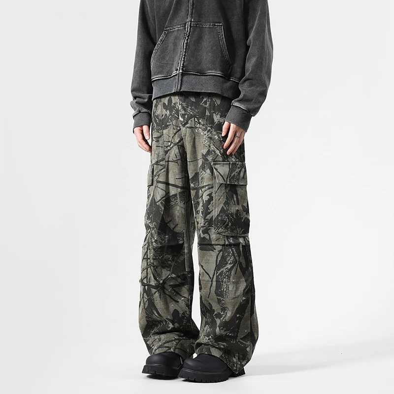 Vintage Leaf Pattern Camouflage Cargo Pants High Street Tide Design Tie-Dye Trousers Side Large Pockets Baggy Casual PantsT250319