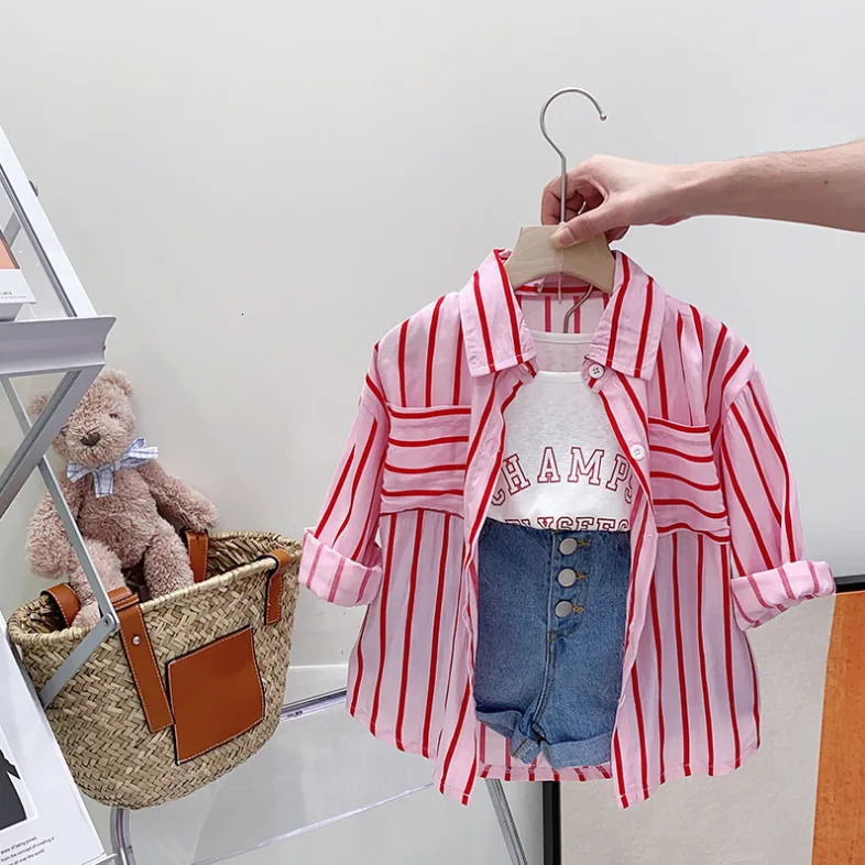 summer childrens and girls striped long sleeved shirtletter vestjeans denim shorts 3piece clothing set 250319