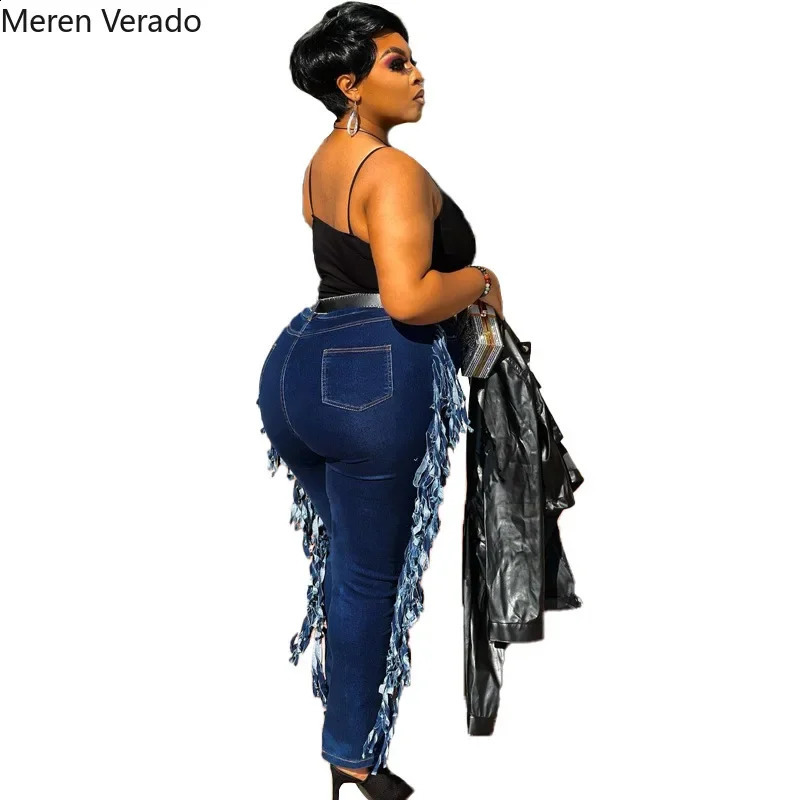 Meren Verado XL-5XL Washed Plus Size Women High Waist Hole Side Tassel Sexy Streer Jeans Women Autumn Denim Pencil Long Pants 250319