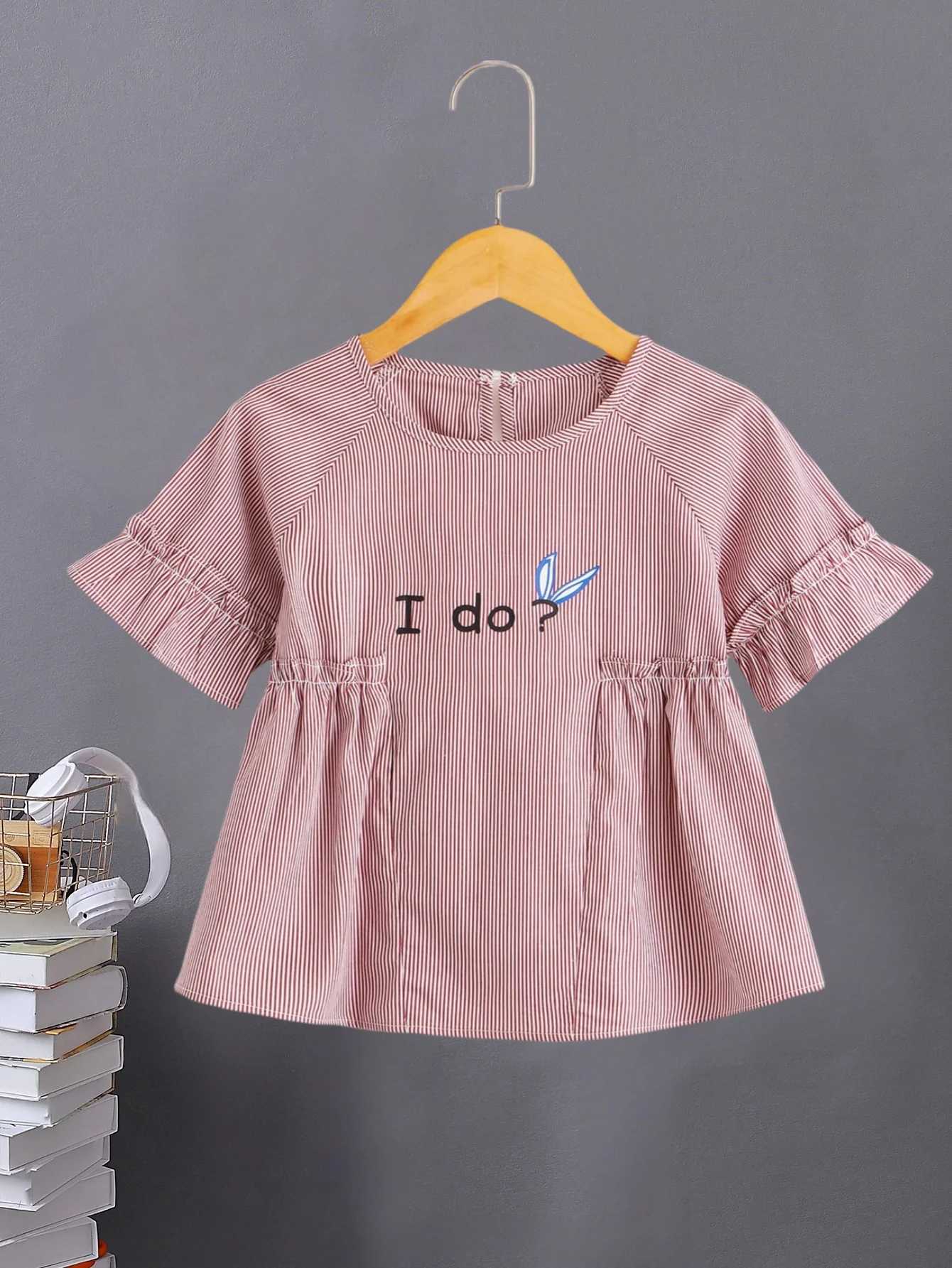 Summer childrens girls short sleeved red striped letter print with pleated sleeves ordinary breathable and comfortable shirtT250320