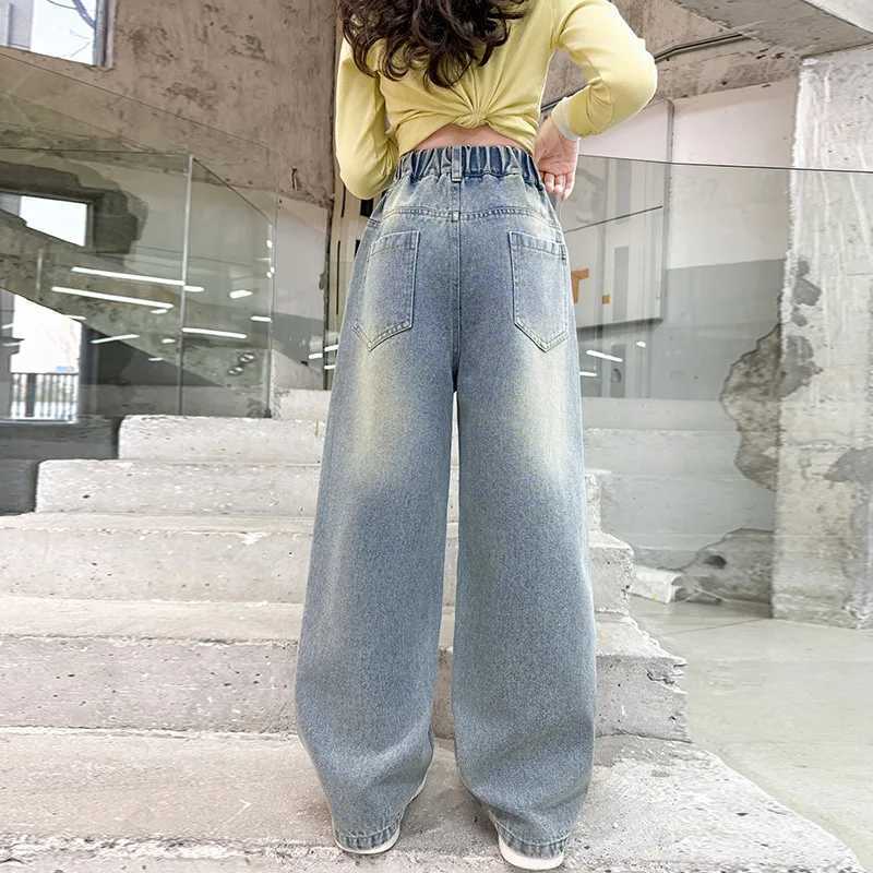 Spring Kids retro blue jeans with decals suitable for girls new casual outdoor denim pants slim fit loose jeans suitable for teenagersT250326