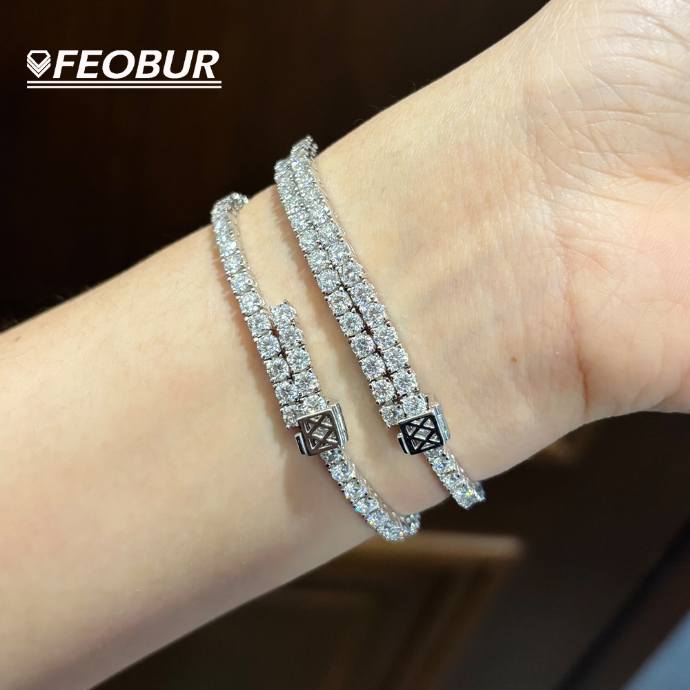 FEOBUR 3mm Real Moissanite Tennis Bracelet for Women Men Adjustable Lab Diamond Hand Chain 925 Sterling Silver Trendy Jewelry