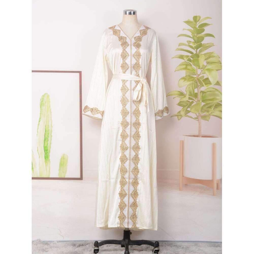 Mt109 Robe Muslim Style New Women's Wear Hot Diamond Long Sleeve V-Neck Big Swing Dress Ins