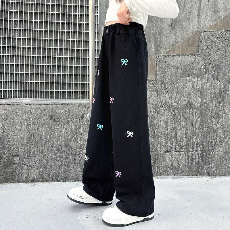 Girls jeans for spring and autumn Korean casual bow embroidered denim pants fashionable elastic waist tight pants new arrivals in clothingT250326