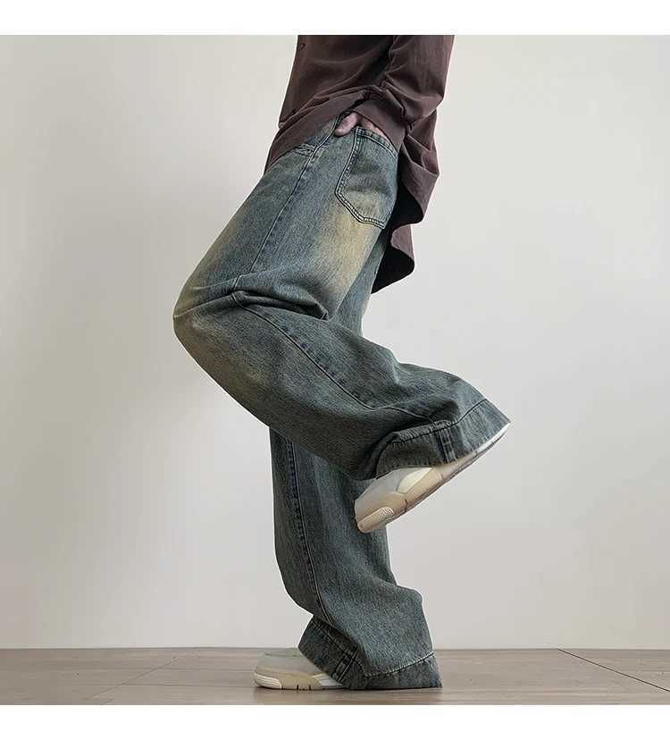 Distressed retro blue jeans mens wide leg jeans mens Trousers mens oversized streetwear fashionable casual bag straight jeansT250319