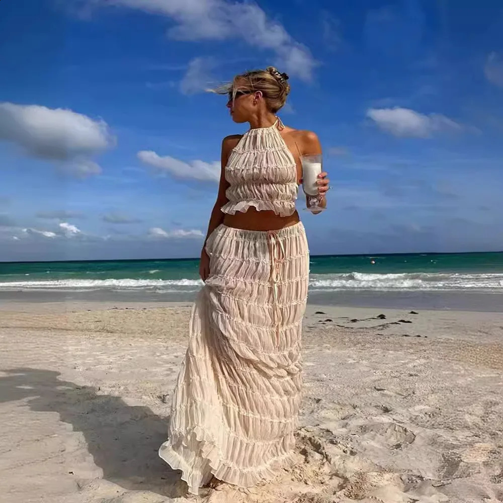 Spring Summer Female 2 Piece Set Fashion Solid Hang Neck Long Skirt Suit Women Backless Sling Top Lace Up Fold Maxi Skirts 250318