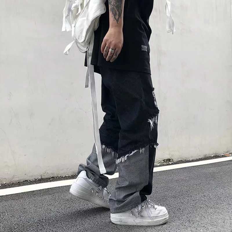 Korean fashion ripped jeans pants mens ripped hole Trouser casual soft fashion formal pockets straight denim TrouserT250319