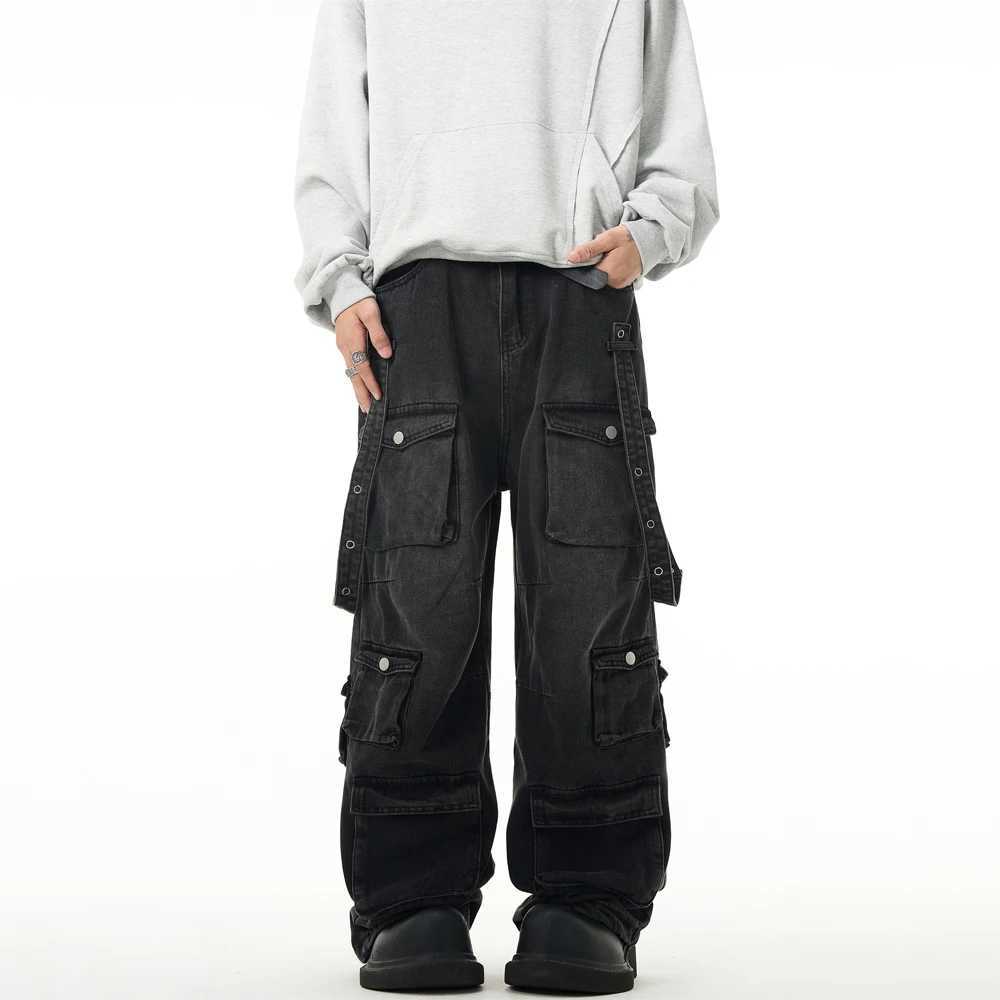 Black Cargo Jeans Men Baggy Multi-pocket Wide Leg Streetwear Trousers Summer 2024 Fashion Y2k Street Punk Vintage Denim PantsT250319