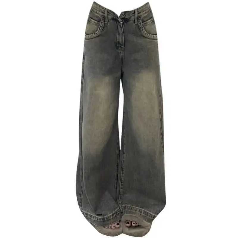 Vintage Distressed Wide-leg Jeans Womens Spring Summer New Loose-fit Slimming Draped Versatile Trailing Straight-leg TrousersT250319